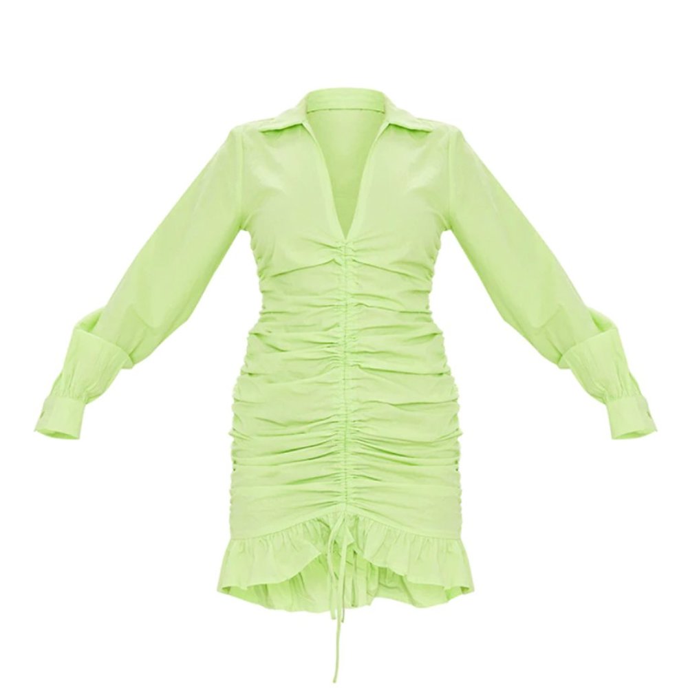LIME LONG SLEEVE RUCHED FRILL HEM SHIRT DRESS